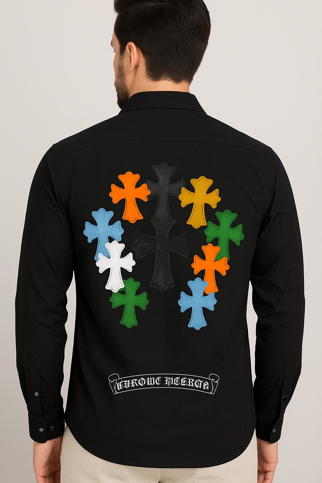 Men’s Premium Black Shirt with Multi-Color Cross Patch Design