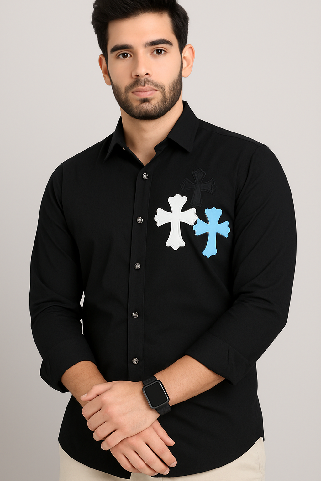 Men’s Premium Black Shirt with Multi-Color Cross Patch Design