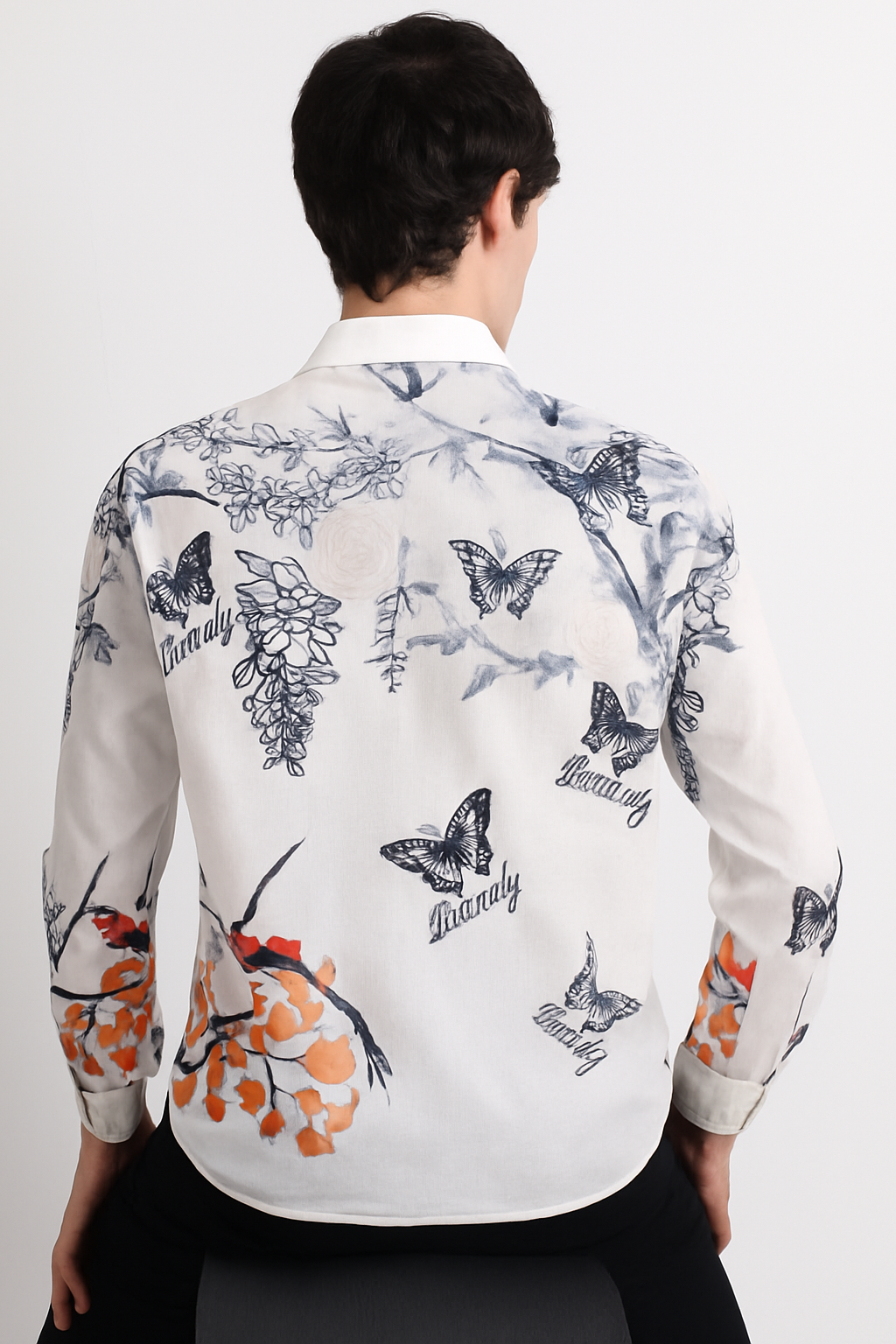 Men’s White Printed Shirt – Butterfly & Floral Design