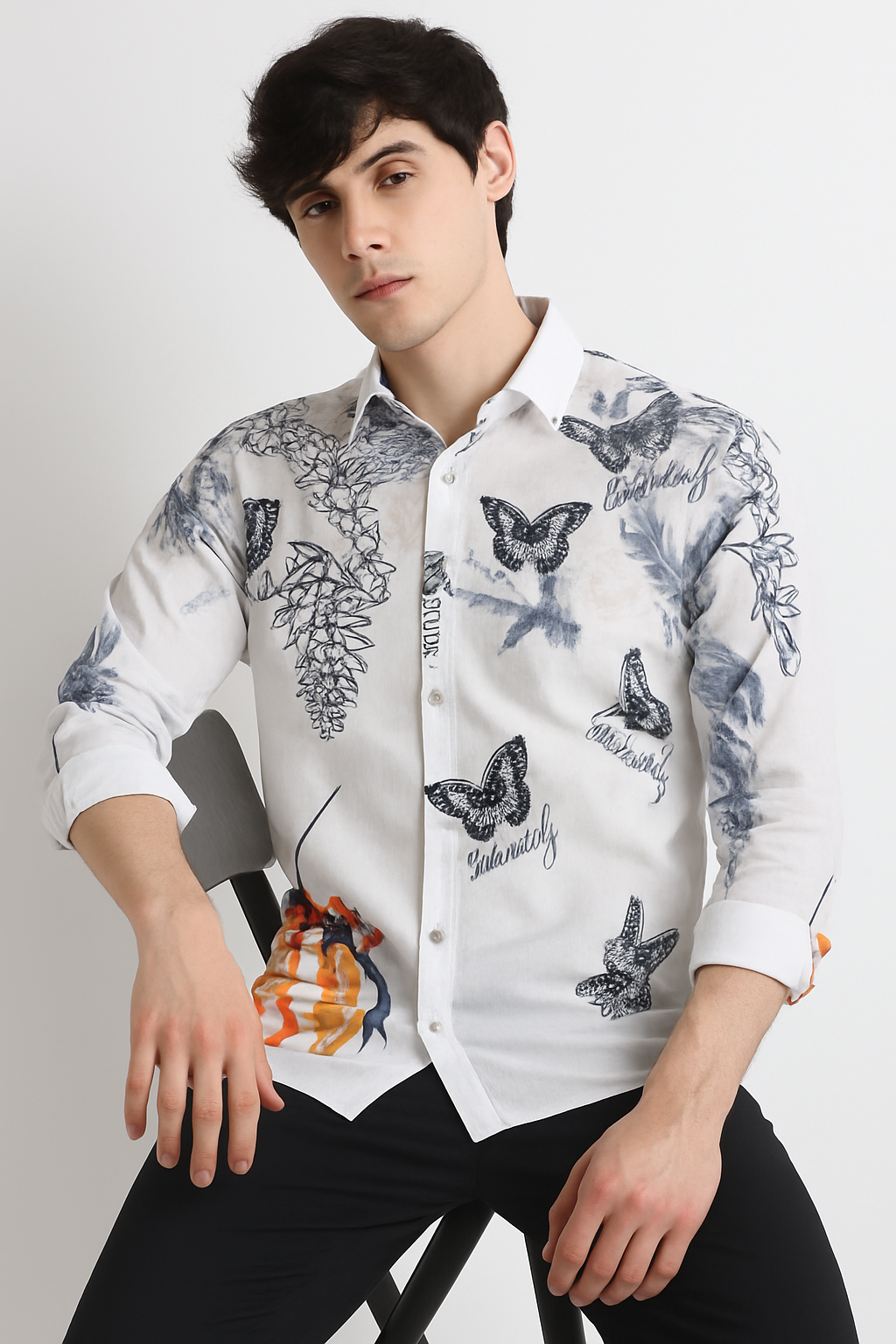 Men’s White Printed Shirt – Butterfly & Floral Design