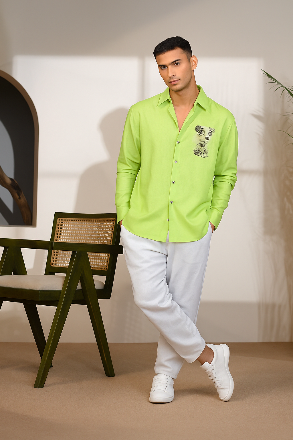 Men’s Neon Green Shirt with Dog Graphic & Stud Details