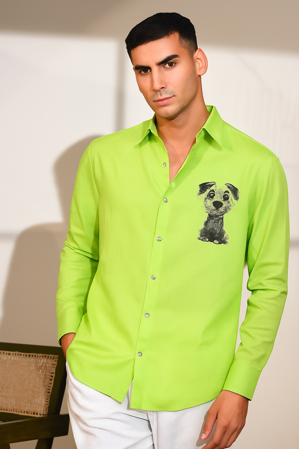 Men’s Neon Green Shirt with Dog Graphic & Stud Details