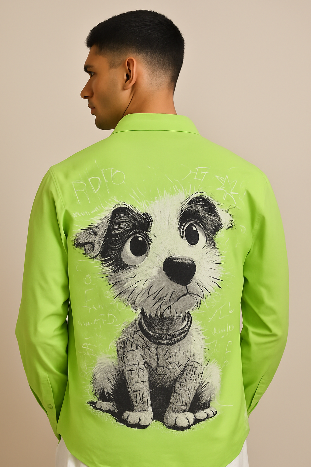 Men’s Neon Green Shirt with Dog Graphic & Stud Details